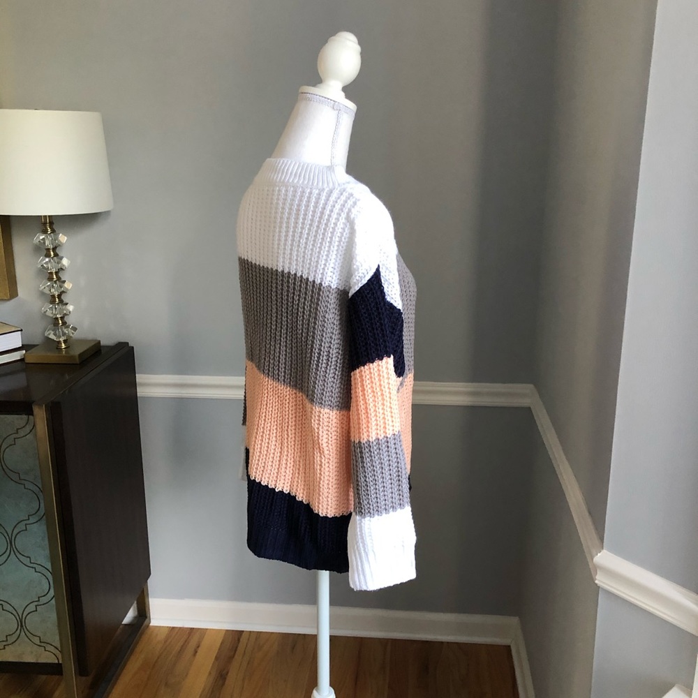 Grey white peach navy knit sweater